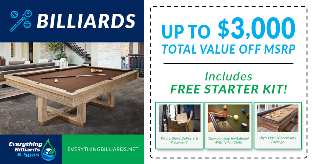 Pool table coupon. Get up to $3,000 total value off of a billiards table.